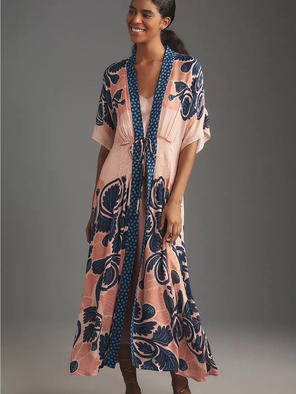 blank London Peach & Navy Floral Maxi Open Semi Sheer Kaftan one size